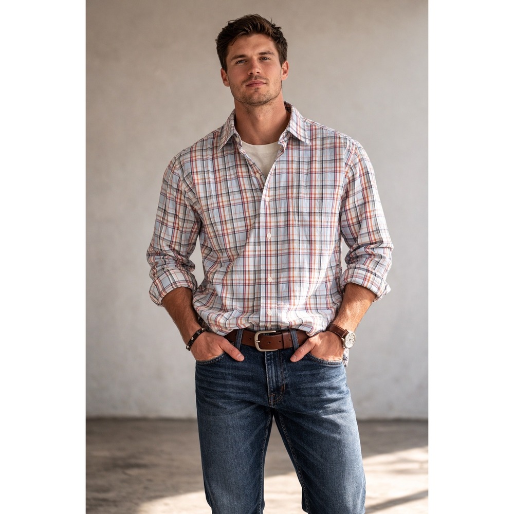 Peter Millar Mens Plaid Long Sleeve Button Down Shirt Multi‎ Color Large